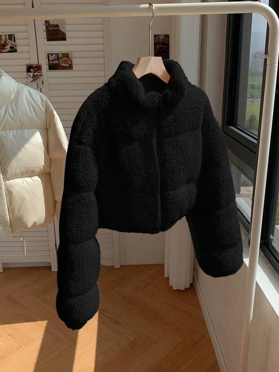Faux Shearling Cropped Puffer Jacket – Beige – Winter Coat