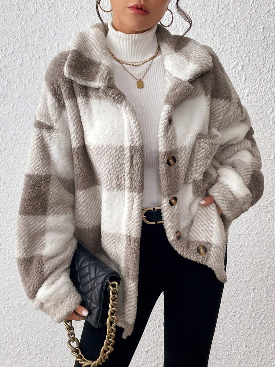 Women Plaid Teddy Jacket – Light Grey Oversized Coat – Fuzzy Button Front