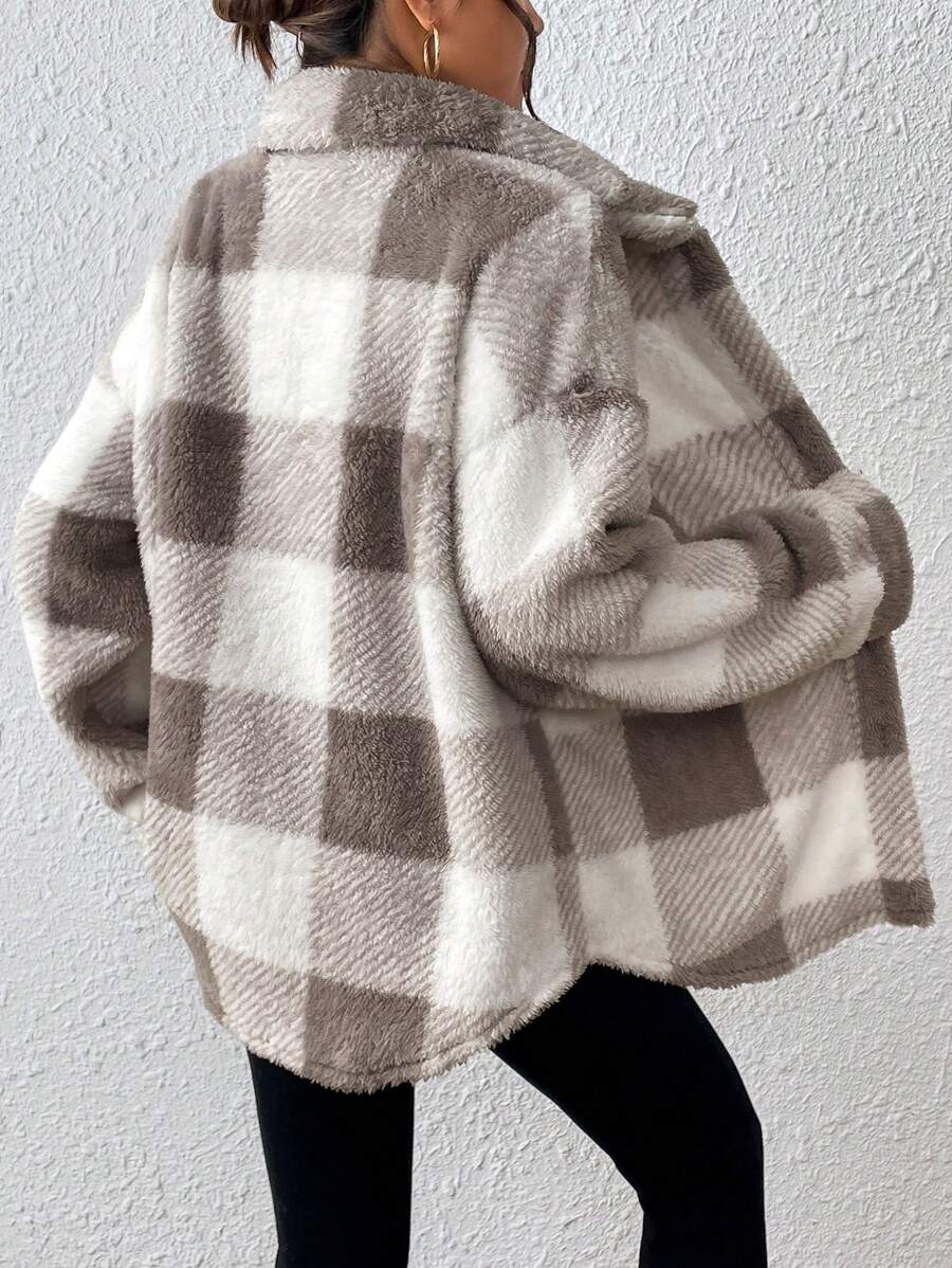 Women Plaid Teddy Jacket – Light Grey Oversized Coat – Fuzzy Button Front