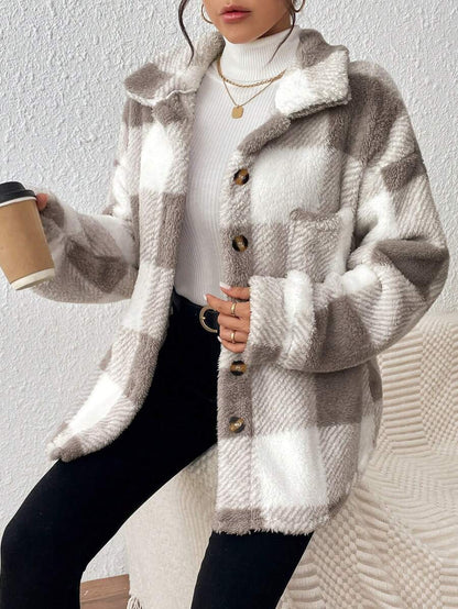 Women Plaid Teddy Jacket – Light Grey Oversized Coat – Fuzzy Button Front