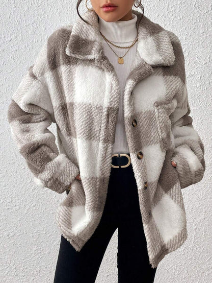 Women Plaid Teddy Jacket – Light Grey Oversized Coat – Fuzzy Button Front