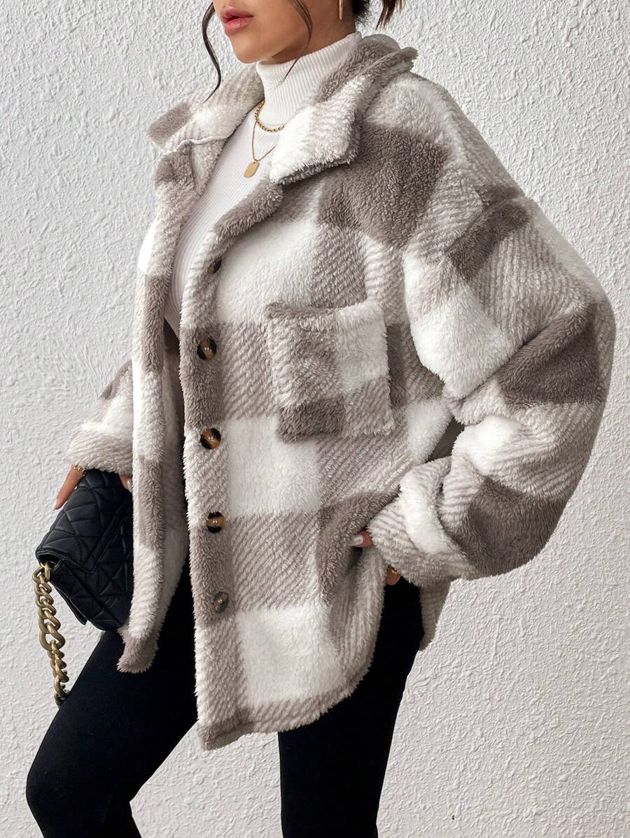 Women Plaid Teddy Jacket – Light Grey Oversized Coat – Fuzzy Button Front