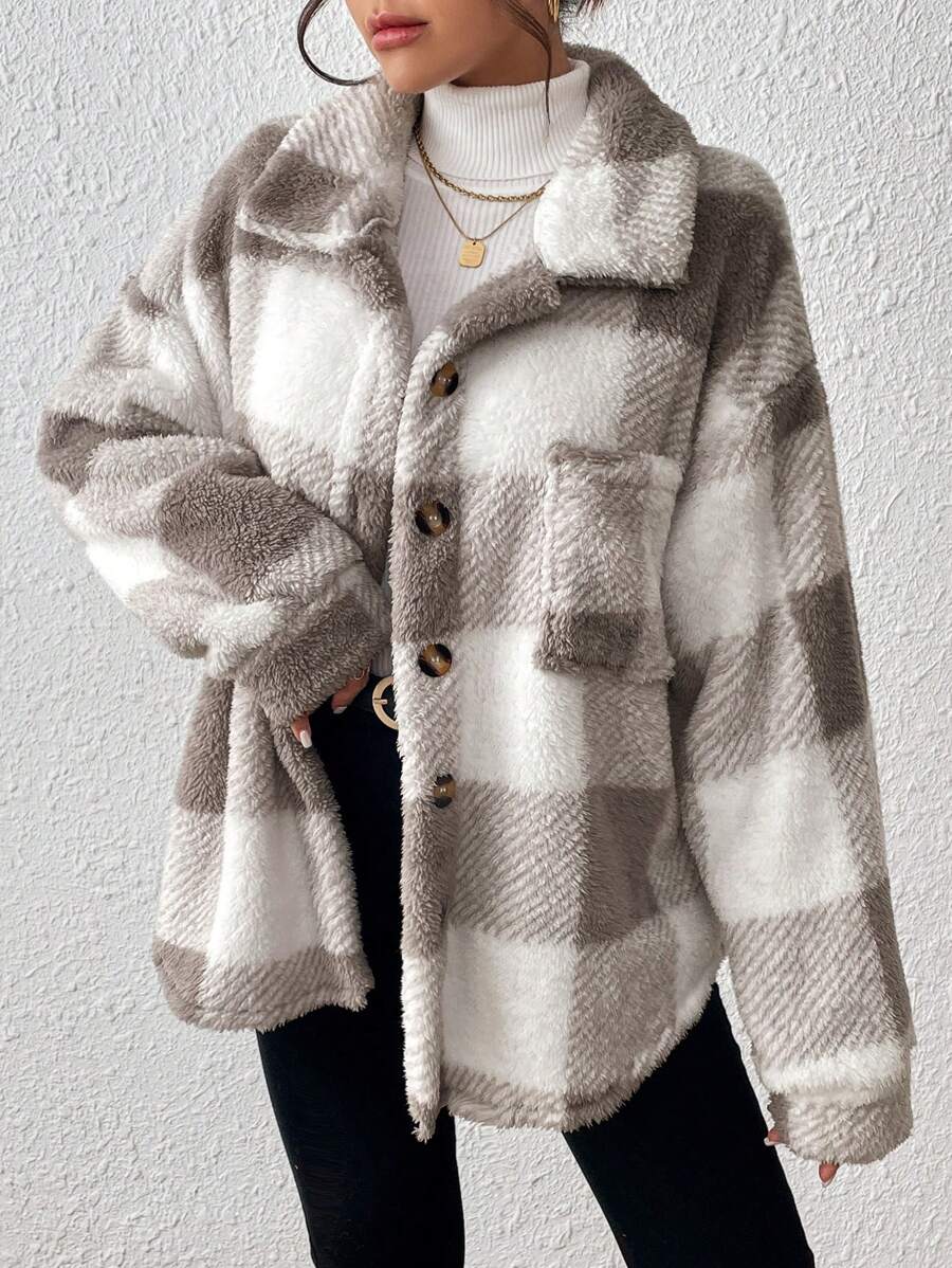 Women Plaid Teddy Jacket – Light Grey Oversized Coat – Fuzzy Button Front