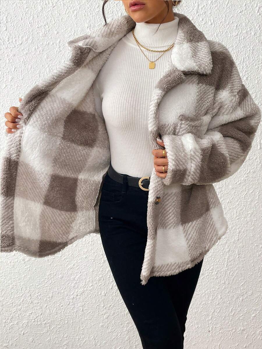 Women Plaid Teddy Jacket – Light Grey Oversized Coat – Fuzzy Button Front