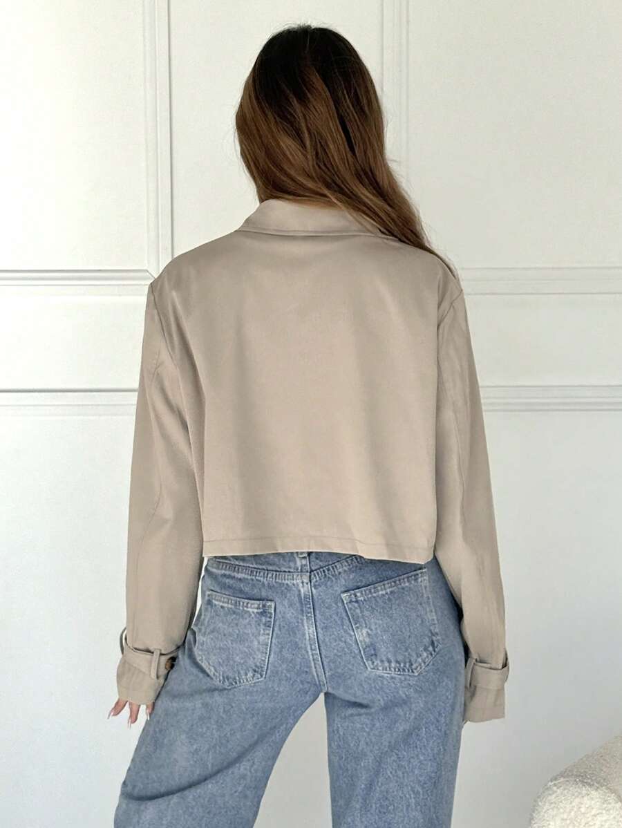 Women Double Breasted Cropped Jacket – Apricot Bomber Style – Oversized Casual Fit