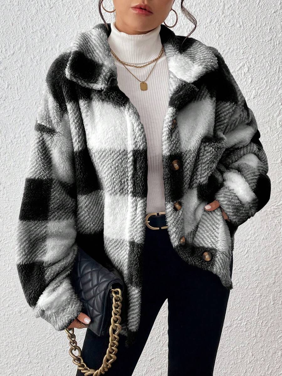 Women Plaid Teddy Jacket – Light Grey Oversized Coat – Fuzzy Button Front