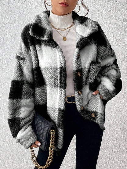 Women Plaid Teddy Jacket – Light Grey Oversized Coat – Fuzzy Button Front