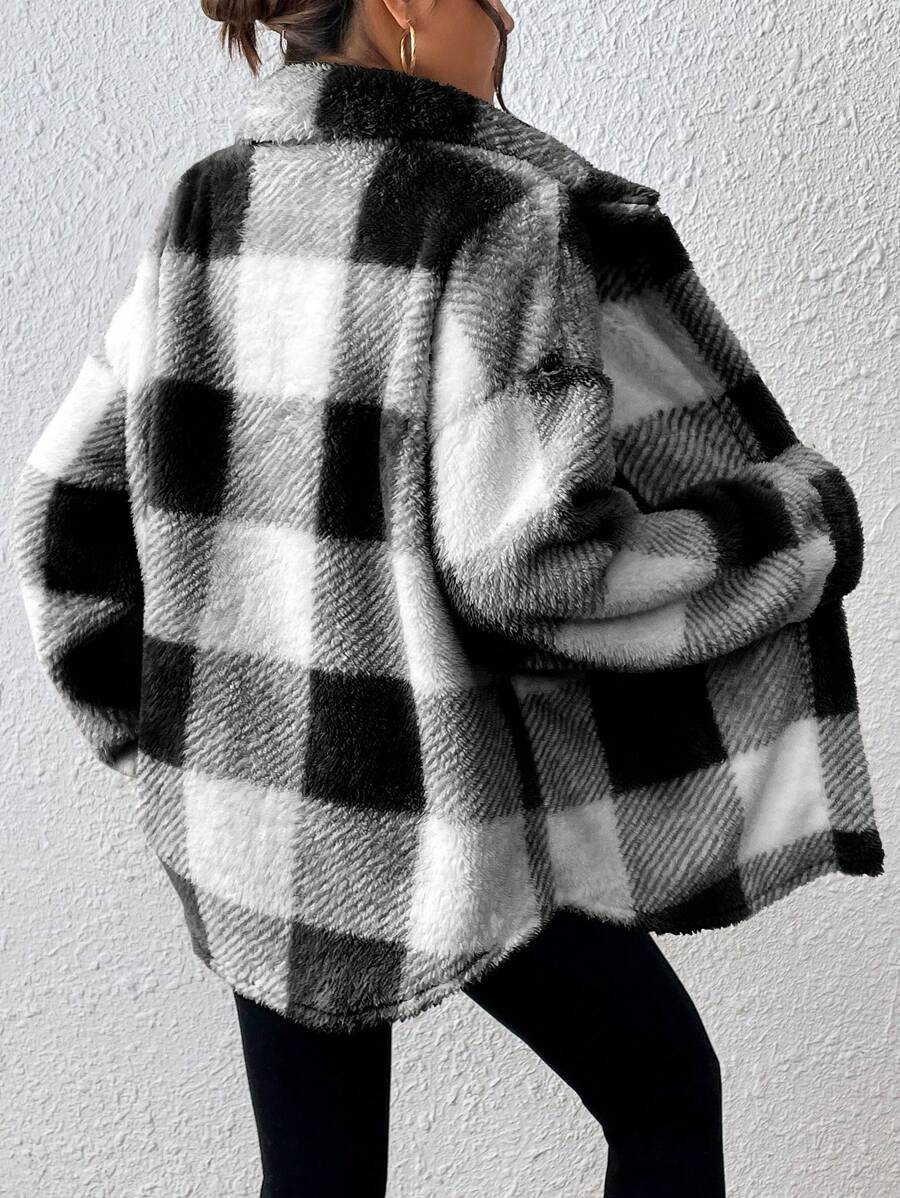 Women Plaid Teddy Jacket – Light Grey Oversized Coat – Fuzzy Button Front