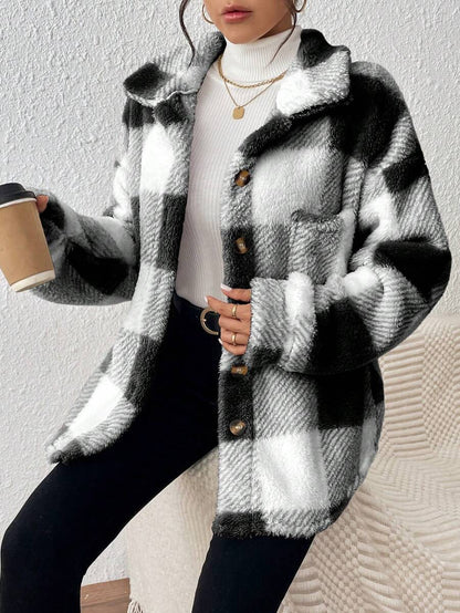 Women Plaid Teddy Jacket – Light Grey Oversized Coat – Fuzzy Button Front