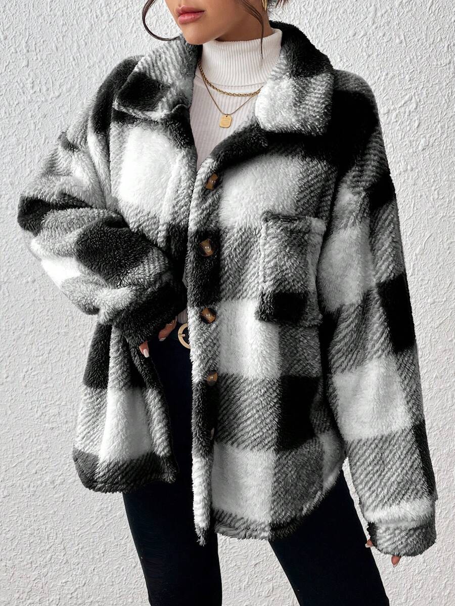 Women Plaid Teddy Jacket – Light Grey Oversized Coat – Fuzzy Button Front