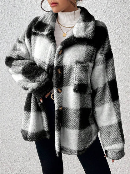 Women Plaid Teddy Jacket – Light Grey Oversized Coat – Fuzzy Button Front