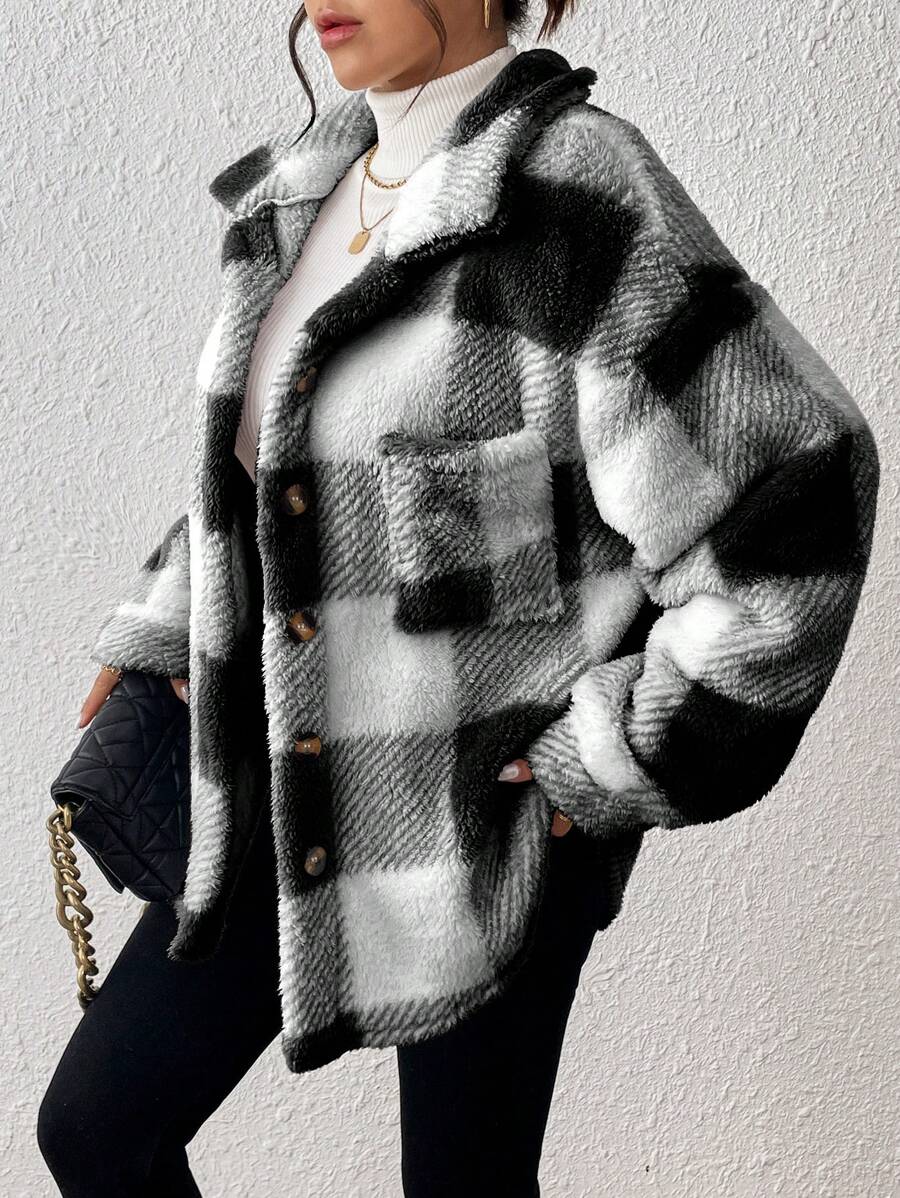 Women Plaid Teddy Jacket – Light Grey Oversized Coat – Fuzzy Button Front