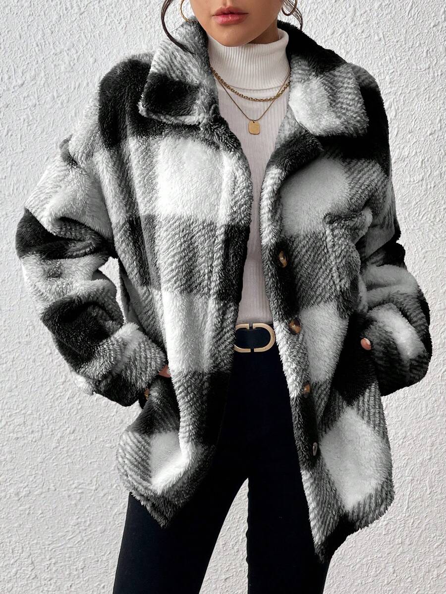 Women Plaid Teddy Jacket – Light Grey Oversized Coat – Fuzzy Button Front
