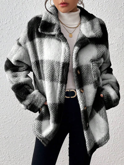 Women Plaid Teddy Jacket – Light Grey Oversized Coat – Fuzzy Button Front