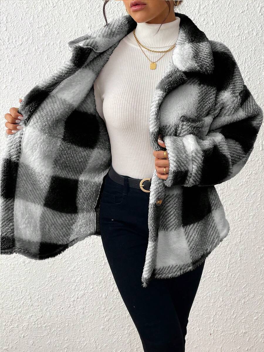 Women Plaid Teddy Jacket – Light Grey Oversized Coat – Fuzzy Button Front
