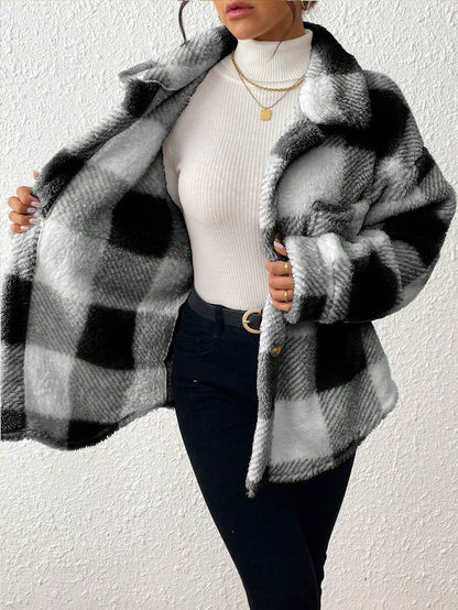 Women Plaid Teddy Jacket – Light Grey Oversized Coat – Fuzzy Button Front