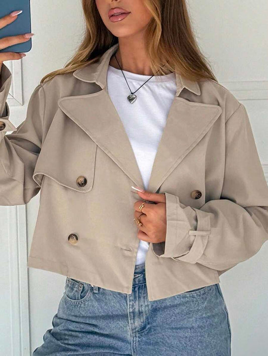 Women Double Breasted Cropped Jacket – Apricot Bomber Style – Oversized Casual Fit