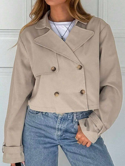Women Double Breasted Cropped Jacket – Apricot Bomber Style – Oversized Casual Fit