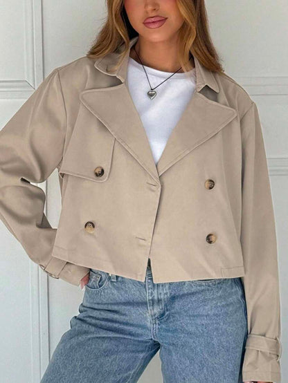 Women Double Breasted Cropped Jacket – Apricot Bomber Style – Oversized Casual Fit