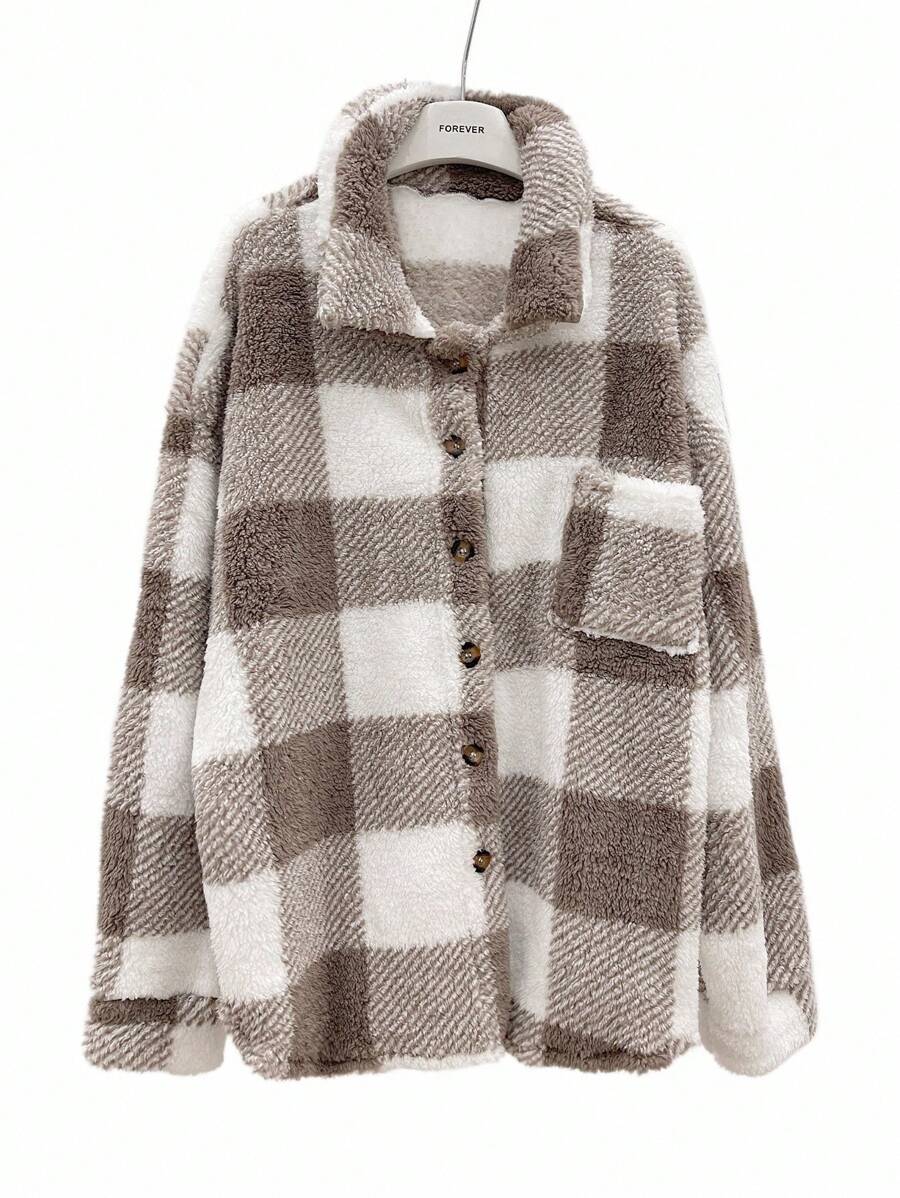Women Plaid Teddy Jacket – Light Grey Oversized Coat – Fuzzy Button Front