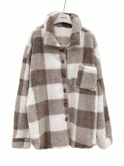 Women Plaid Teddy Jacket – Light Grey Oversized Coat – Fuzzy Button Front