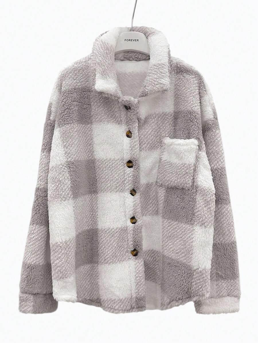 Women Plaid Teddy Jacket – Light Grey Oversized Coat – Fuzzy Button Front