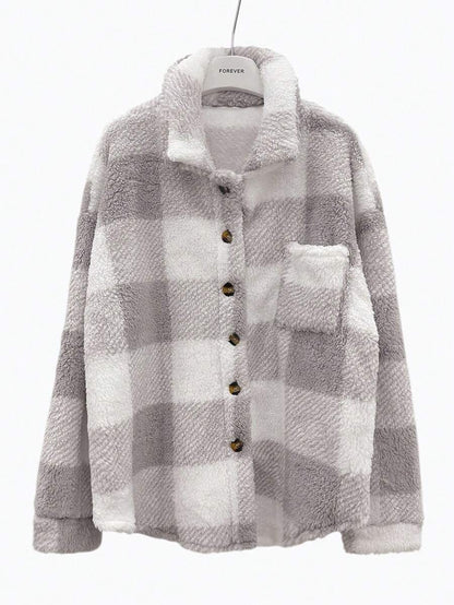 Women Plaid Teddy Jacket – Light Grey Oversized Coat – Fuzzy Button Front