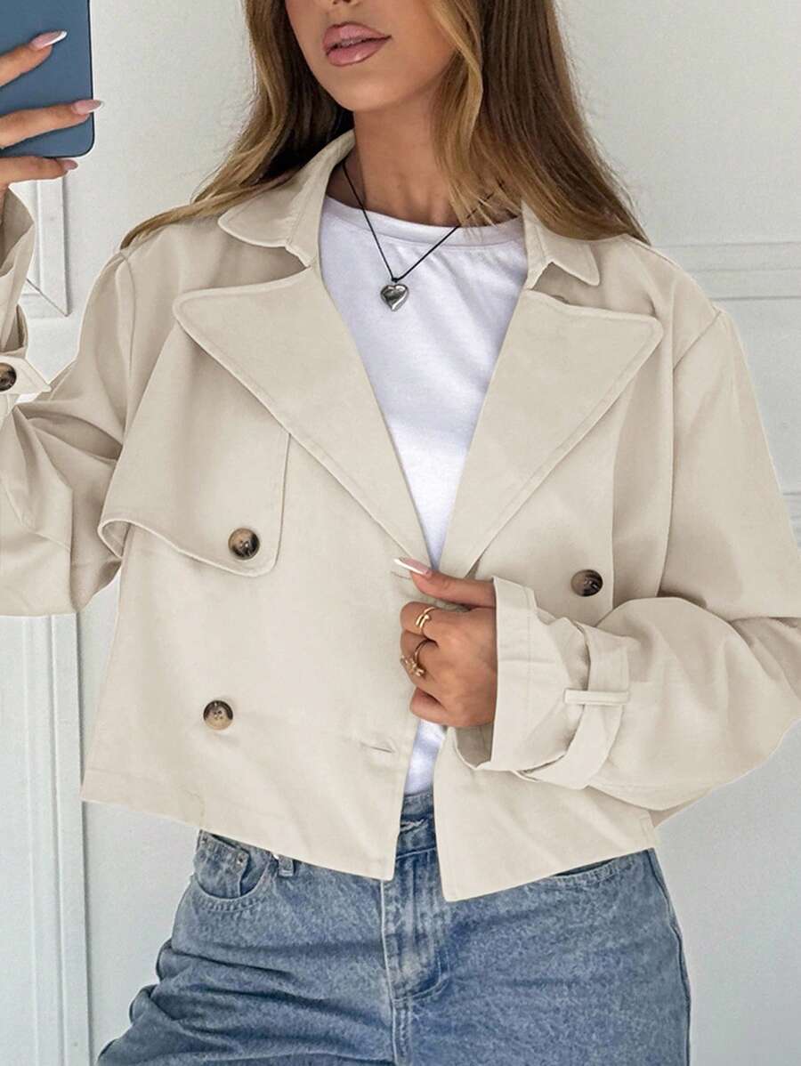 Women Double Breasted Cropped Jacket – Apricot Bomber Style – Oversized Casual Fit
