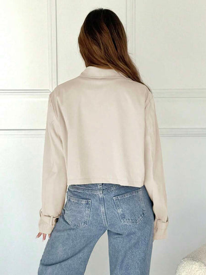 Women Double Breasted Cropped Jacket – Apricot Bomber Style – Oversized Casual Fit