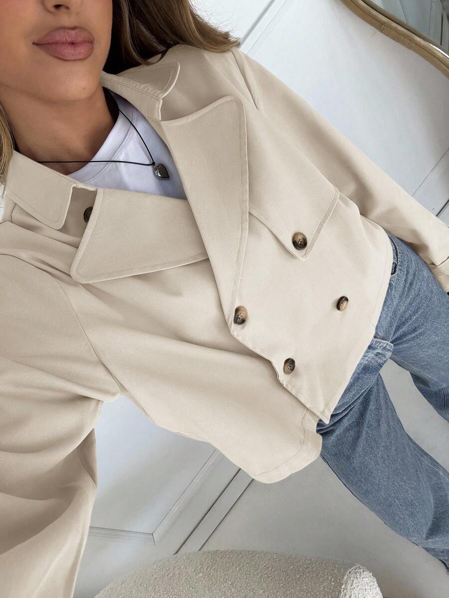 Women Double Breasted Cropped Jacket – Apricot Bomber Style – Oversized Casual Fit