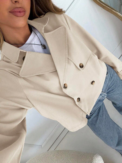 Women Double Breasted Cropped Jacket – Apricot Bomber Style – Oversized Casual Fit