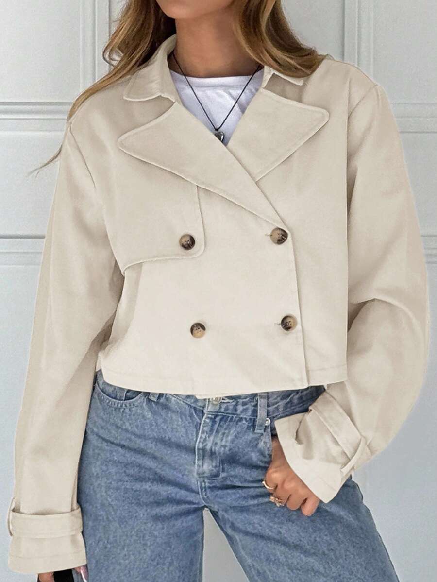 Women Double Breasted Cropped Jacket – Apricot Bomber Style – Oversized Casual Fit