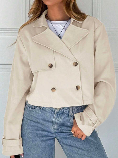 Women Double Breasted Cropped Jacket – Apricot Bomber Style – Oversized Casual Fit