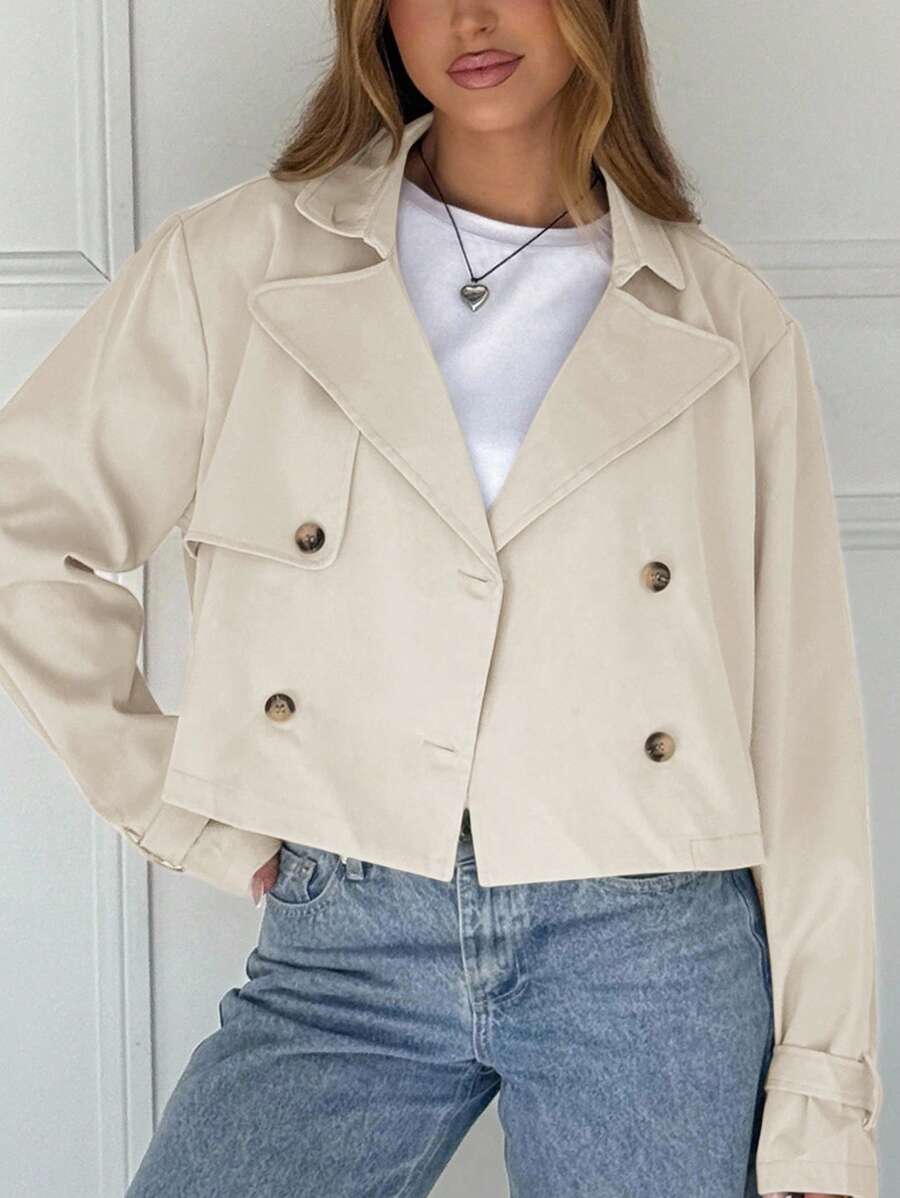 Women Double Breasted Cropped Jacket – Apricot Bomber Style – Oversized Casual Fit