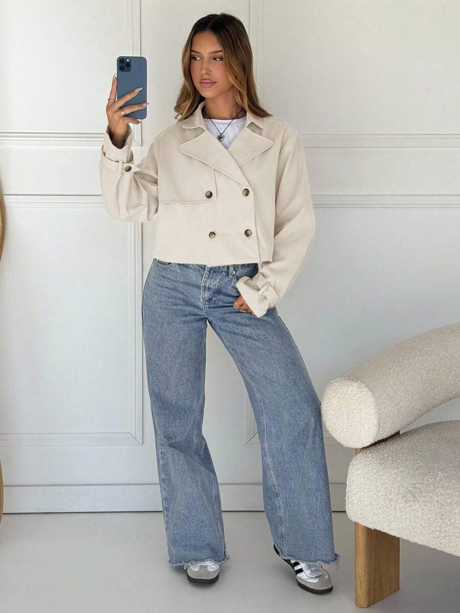 Women Double Breasted Cropped Jacket – Apricot Bomber Style – Oversized Casual Fit