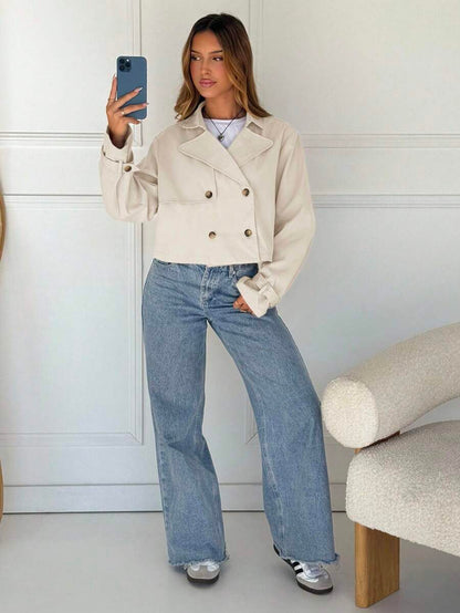 Women Double Breasted Cropped Jacket – Apricot Bomber Style – Oversized Casual Fit