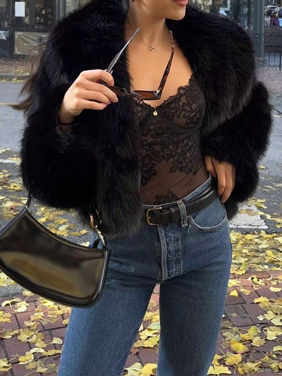 Faux Fur Collar Jacket – Women's Winter Coat – Date Brown Casual Outerwear