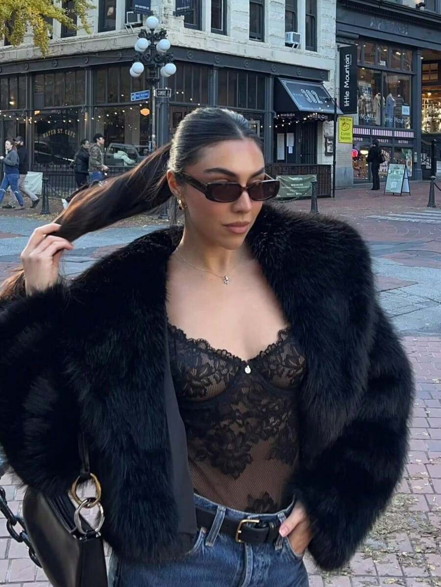 Faux Fur Collar Jacket – Women's Winter Coat – Date Brown Casual Outerwear
