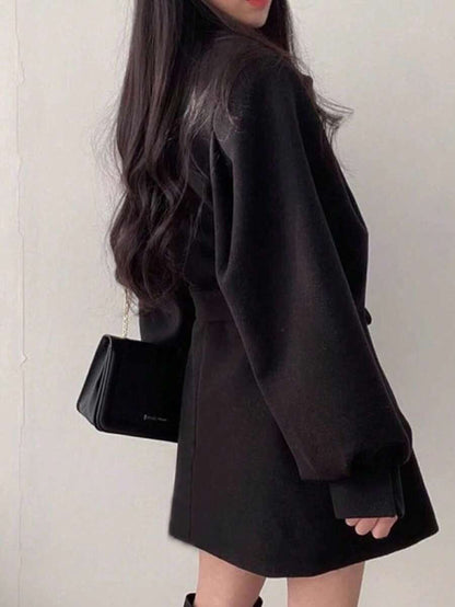 Double Breasted Belted Tweed Jacket – Elegant Long Coat