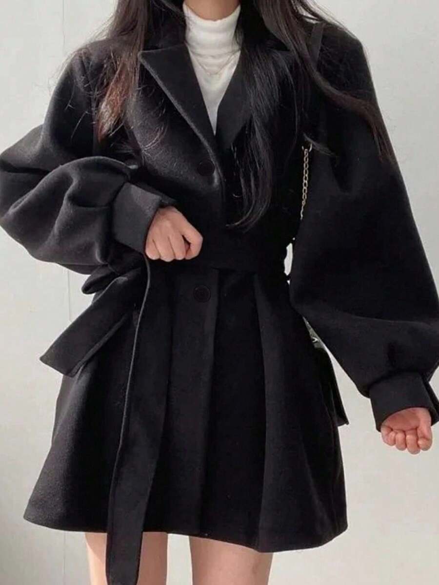 Double Breasted Belted Tweed Jacket – Elegant Long Coat