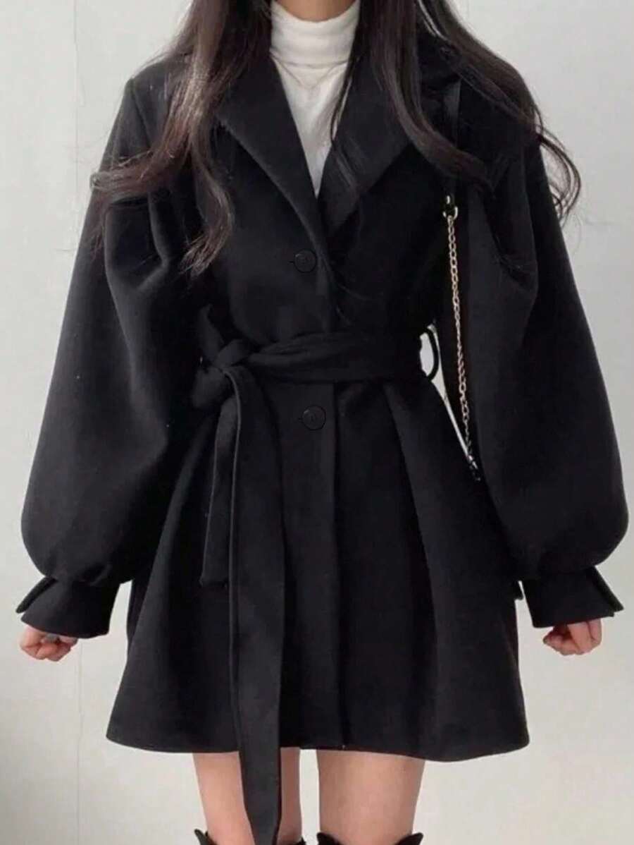 Double Breasted Belted Tweed Jacket – Elegant Long Coat