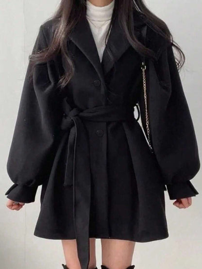 Double Breasted Belted Tweed Jacket – Elegant Long Coat