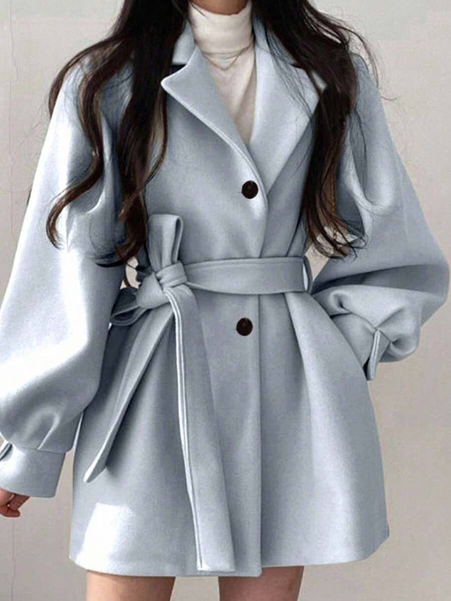 Double Breasted Belted Tweed Jacket – Elegant Long Coat