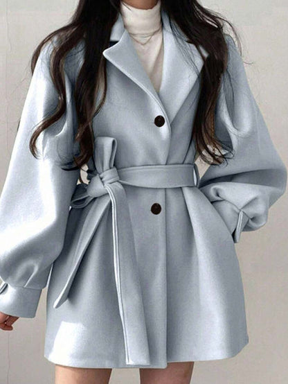 Double Breasted Belted Tweed Jacket – Elegant Long Coat