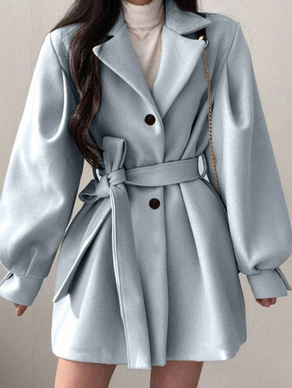Double Breasted Belted Tweed Jacket – Elegant Long Coat