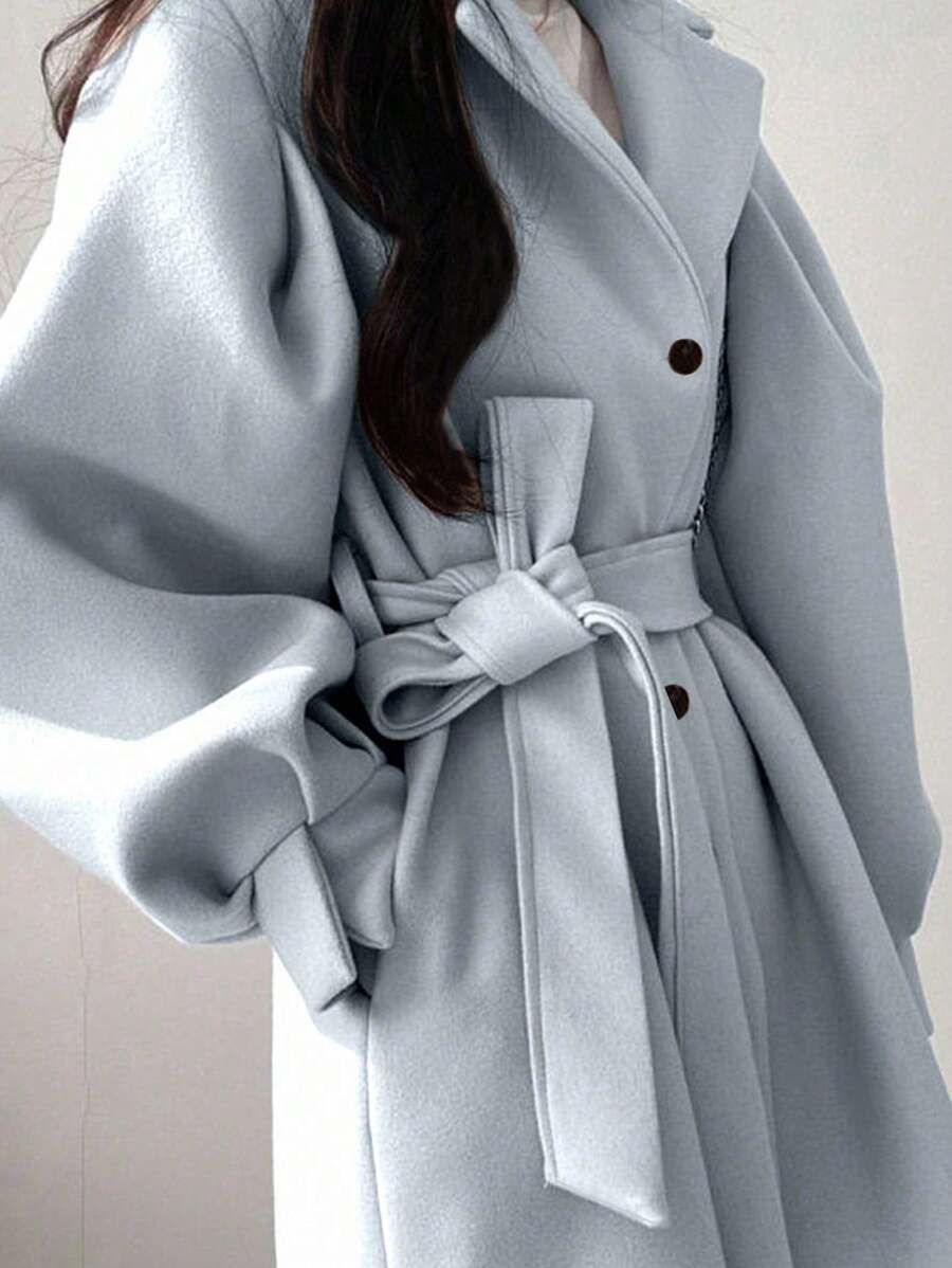 Double Breasted Belted Tweed Jacket – Elegant Long Coat