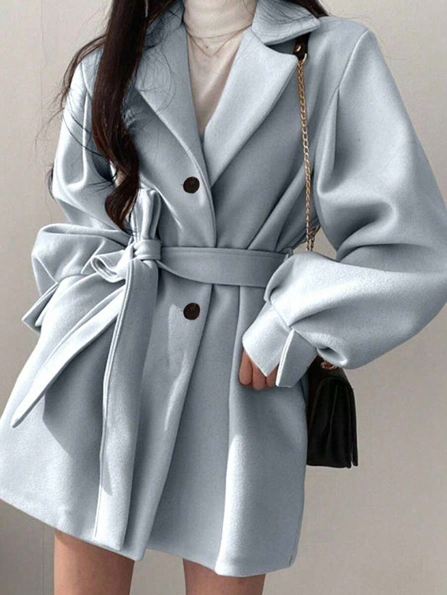 Double Breasted Belted Tweed Jacket – Elegant Long Coat