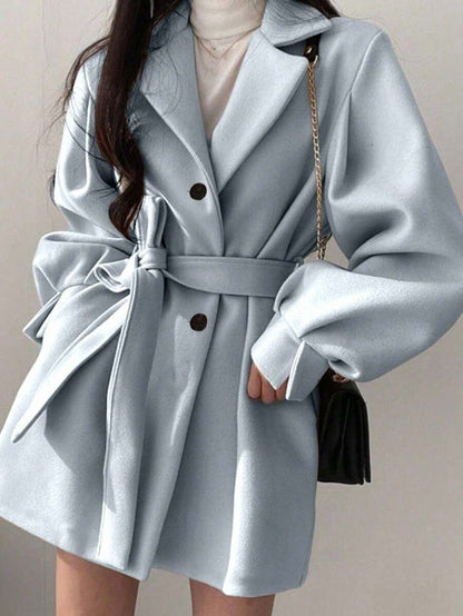 Double Breasted Belted Tweed Jacket – Elegant Long Coat