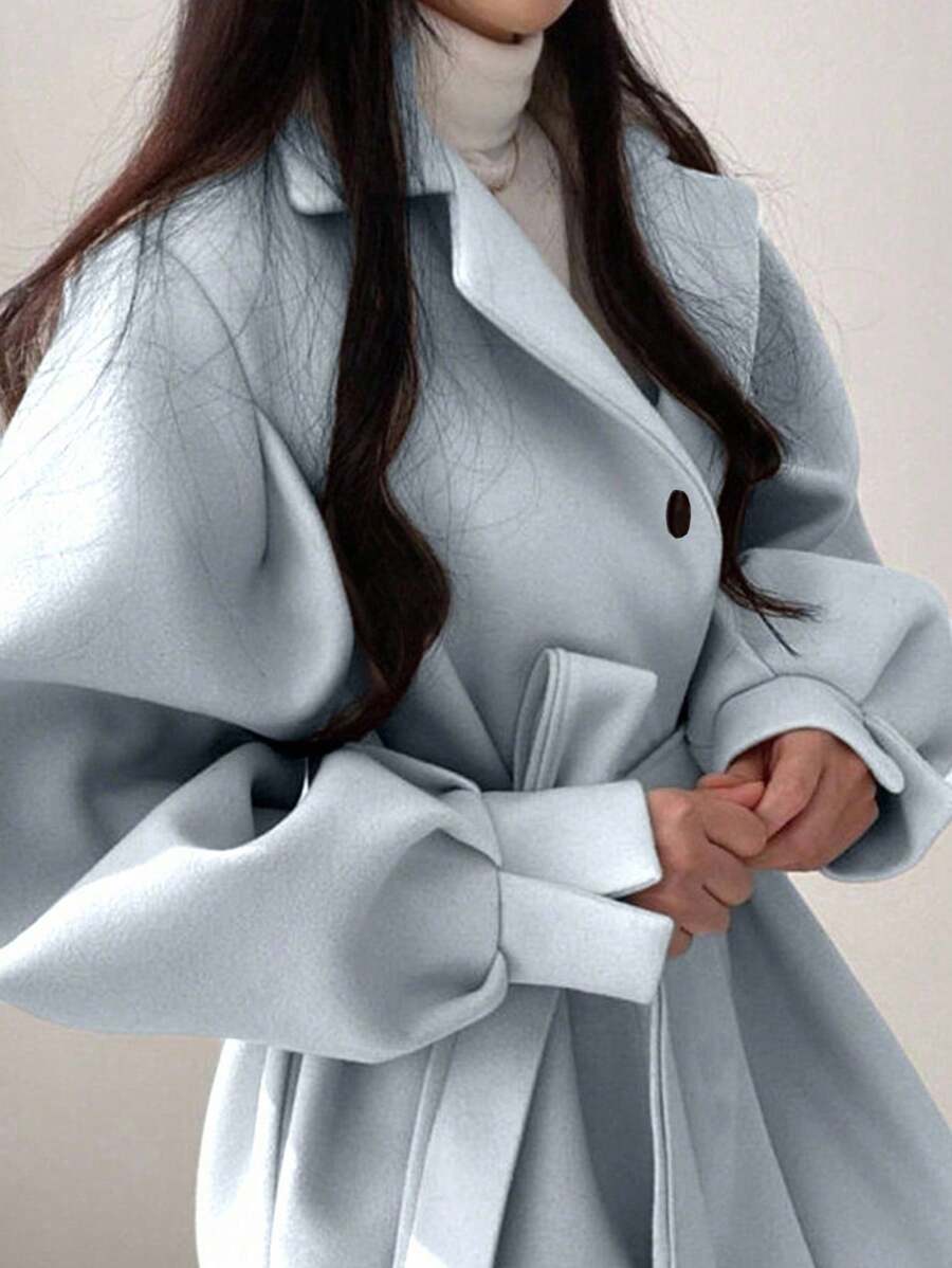 Double Breasted Belted Tweed Jacket – Elegant Long Coat
