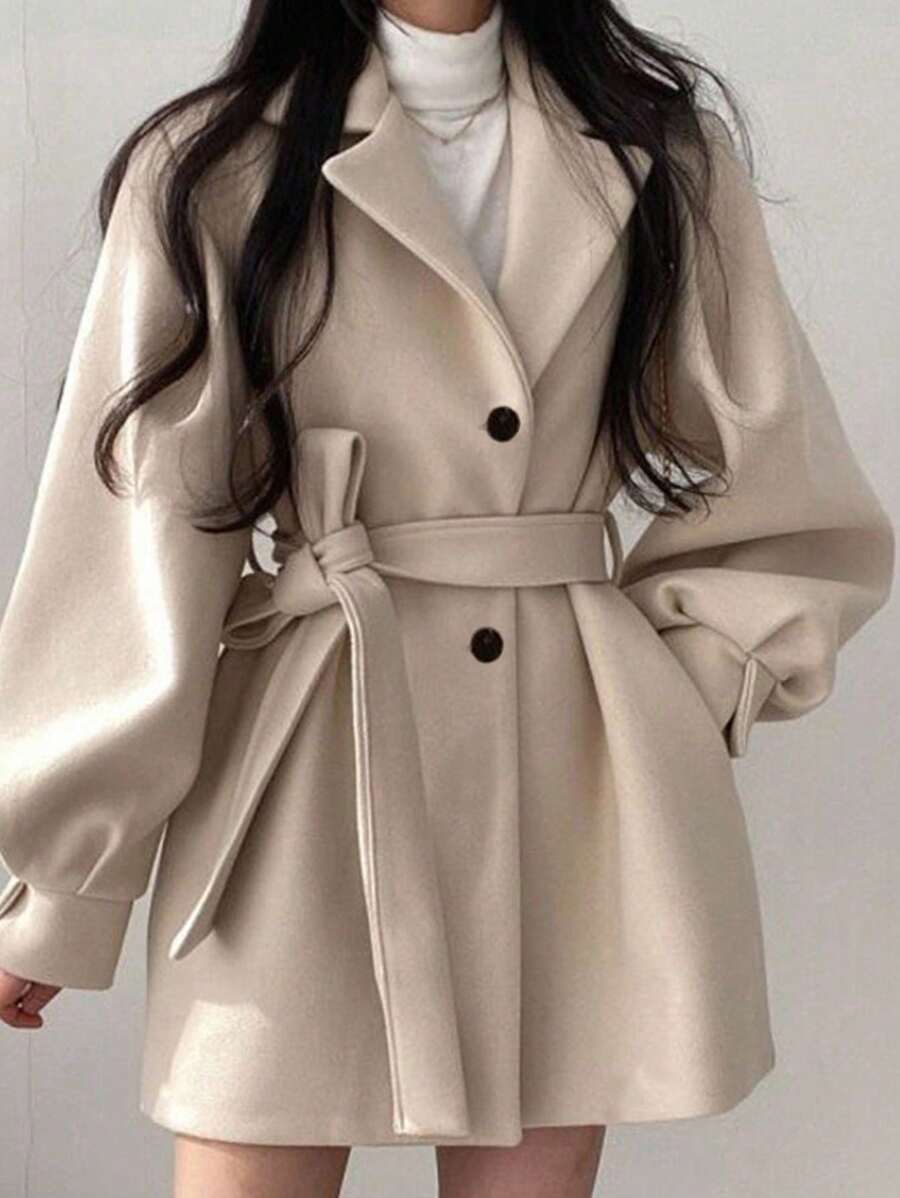 Double Breasted Belted Tweed Jacket – Elegant Long Coat
